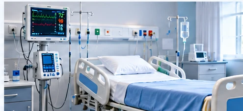 Unoccupied hospital bed with bedside patient monitors and medical equipment.