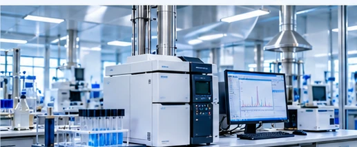 Industrial testing and research laboratory with analytical machines and sample containers.