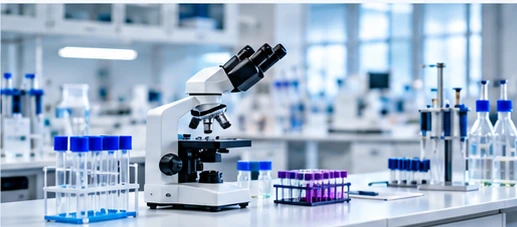 Medical laboratory with diagnostic microscope, sample tubes and equipment.