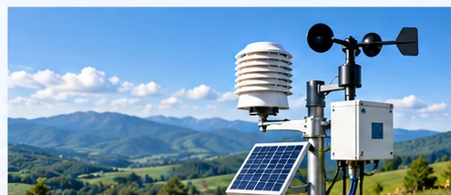 Outdoor meteorological weather station with wind sensor and solar panel.